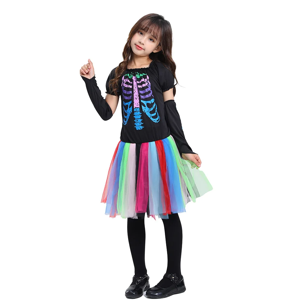 

Colorful Funky Punky Bones Costume Cosplay for Girls Suit Halloween Costume for Kids Purim Carnival Party Dress Up