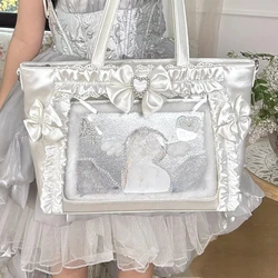 Chic Ulzzang Lace Bow Ribbon Tote - Stylish Shoulder Bag - 35X28X12CM (Beige Only Bag)
