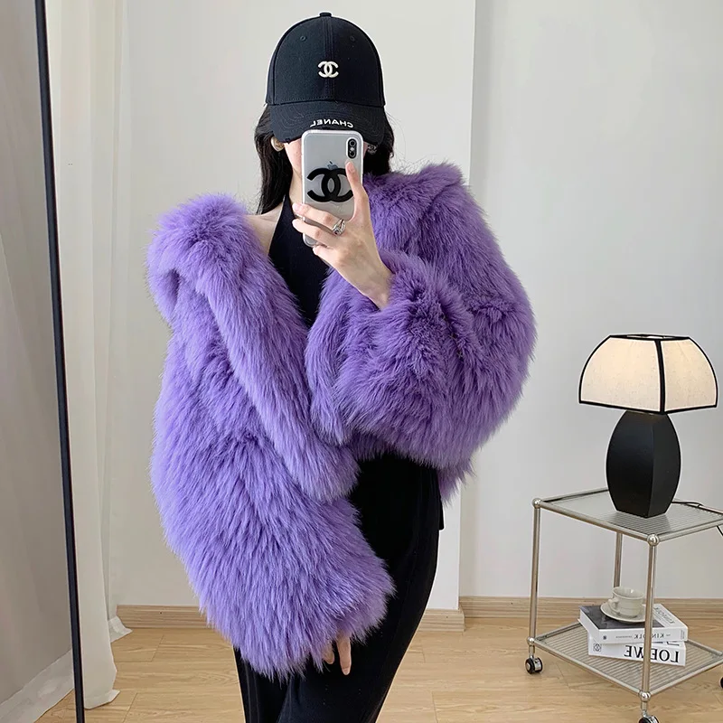 

2024Autumn and Winter New Fox Hair Double sided Hooded Woven Fur Coat Women's Short Korean Edition Encrypted Slimming Young Styl