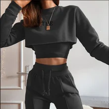 

2022 Women's Winter New Casual Slim Short Three-piece Sweater Suit Ladies Show Waist O-neck Long-sleeve Top Drawstring Pants
