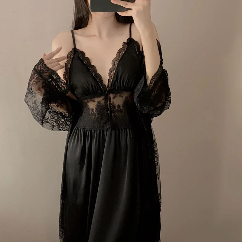 

Женская винтажная кружевная ночная рубашка, осенние шелковые сексуальные ночные рубашки, женское Элегантное Длинное ночное платье в стиле ретро, корейские женские платья