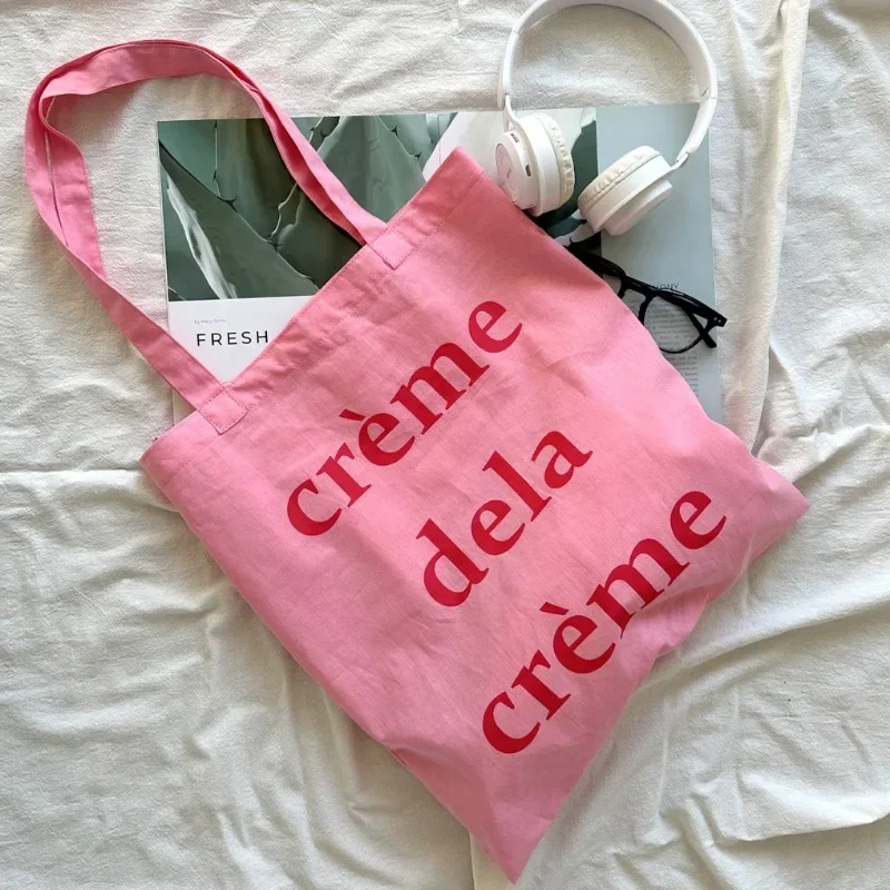

Large Capacity Pink Color Beach Bag Cosmetic Makeup Lipstick Bag Women Shoulder Canvas Handbag Letter Ins Tote Bag