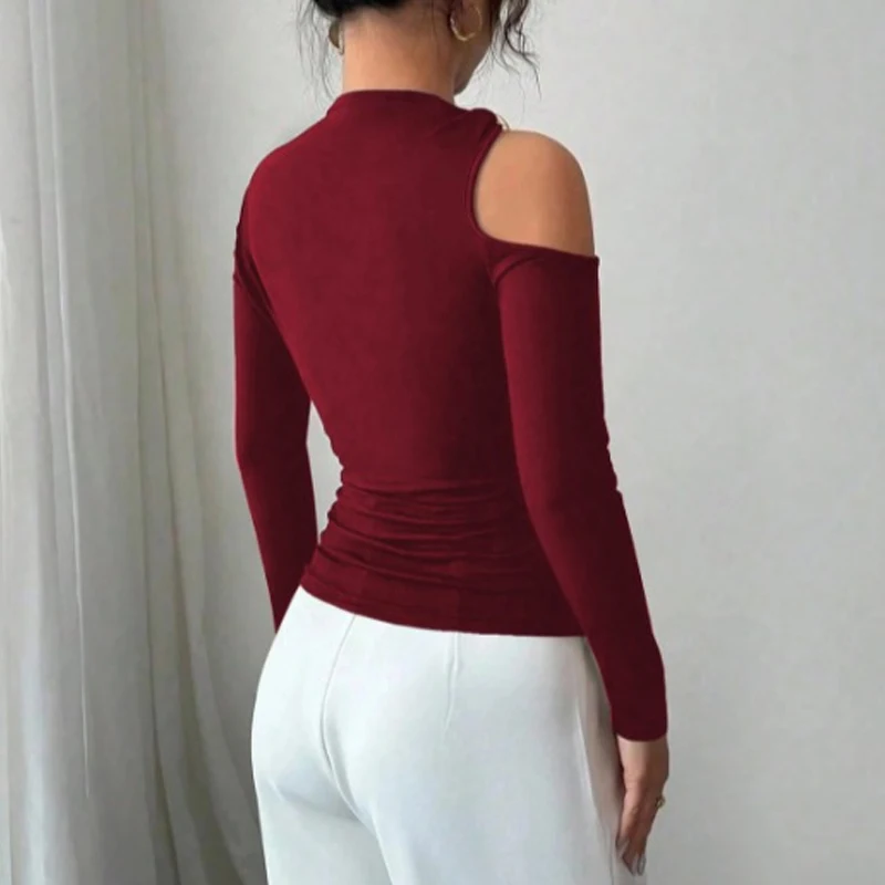 New Fashion Women's Asymmetrical Collar Off-shoulder Long-sleeved Top Retro Metal Decorative Slim-fitting and Thin Blouse