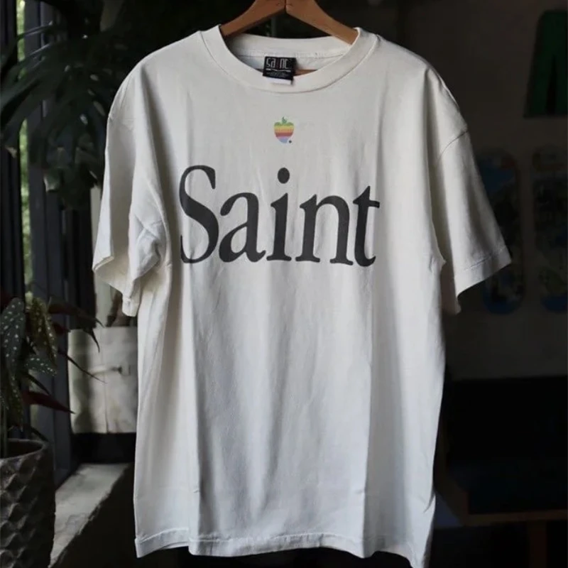 

Simple Style Saint Michael Rainbow Apple Print Logo Leisure Cotton Men And Women Short Sleeve T-shirt