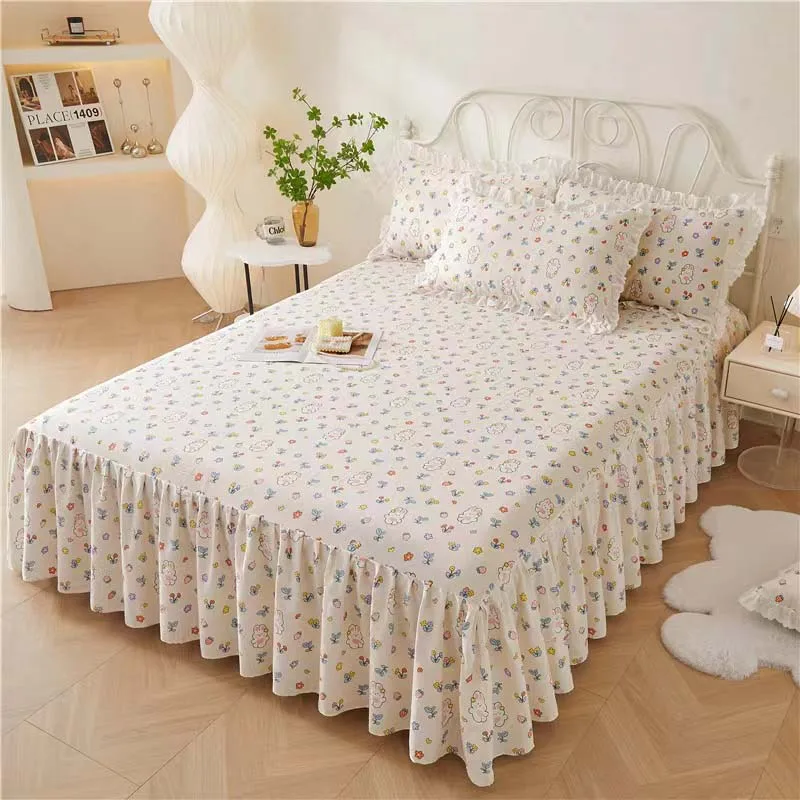 3pcs set Floral Printed Soft Bed Skirt Cotton Bedspread Princess High Quality Pure Cotton Non-slip Bed Cover
