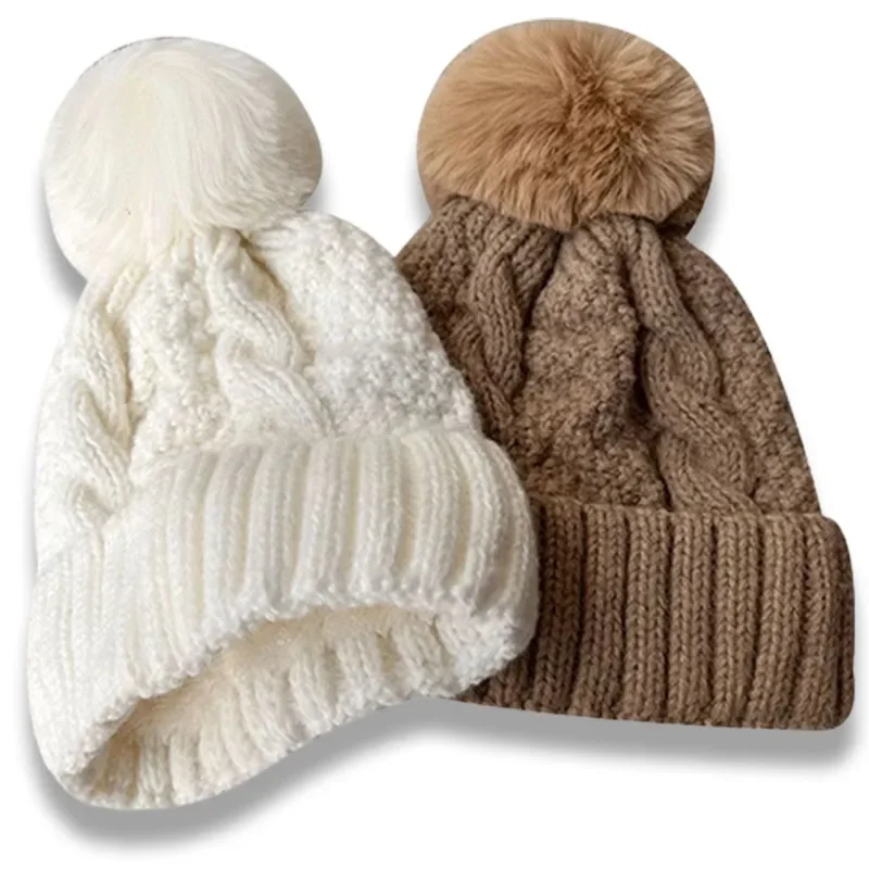 

2023 Winter Women's Twist Knitted Hat Men's Fur Pompom Thick Plush Cap Beanie Solid Color Ladies Warm Ski Snow Skullies Beanies