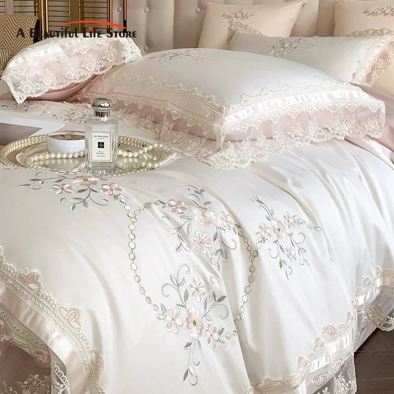 Romantic French Lace Flowers Embroidery Wedding Bedding Set 1200TC Egyptian Cotton Soft Duvet Cover Set Bed Sheet Pillowcases Romantic French Lace Flowers Embroidery Wedding Bedding Set 1200TC Egyptian Cotton Soft Duvet Cover Set Bed Sheet Pillowcases