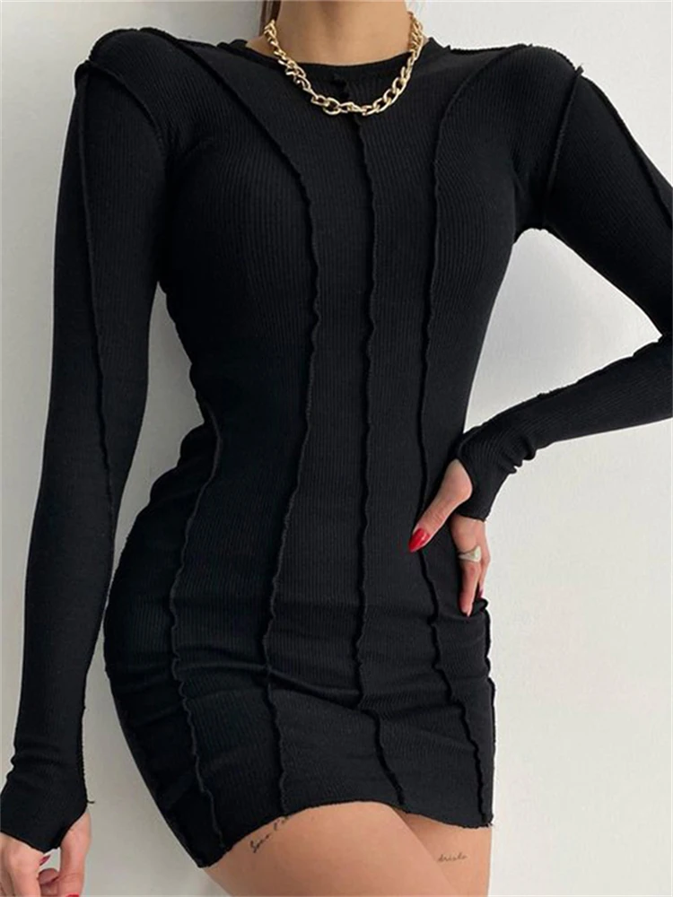 

Tossy Casual Long Sleeve Slim Bodycon Dress Ladies Casual Elegant Shirt Dresses Bright Line Decoration Black Mini Dress Outfits