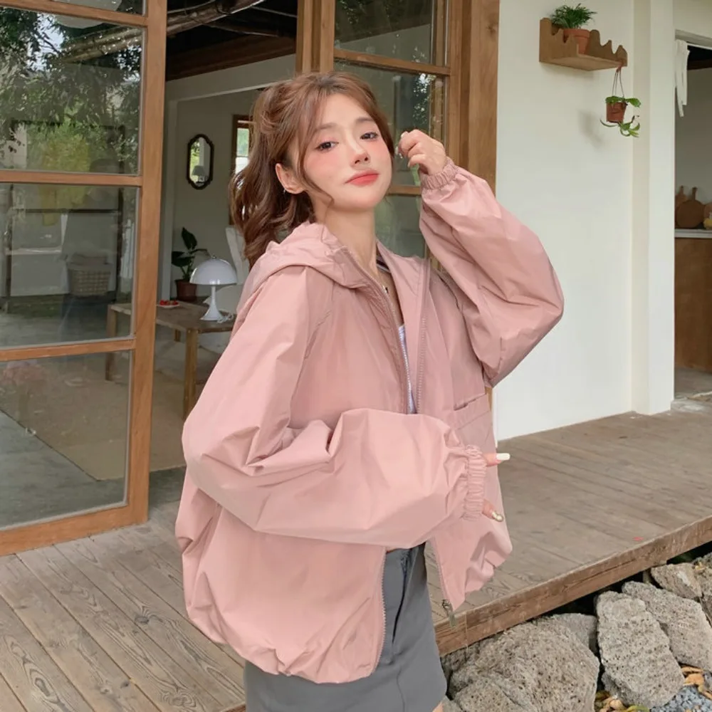 Casual Loose Sunscreen Coat Women Solid Color Windproof Sun-Protective Tops Quick-Drying Clothing Hooded Jacket Spring Autumn