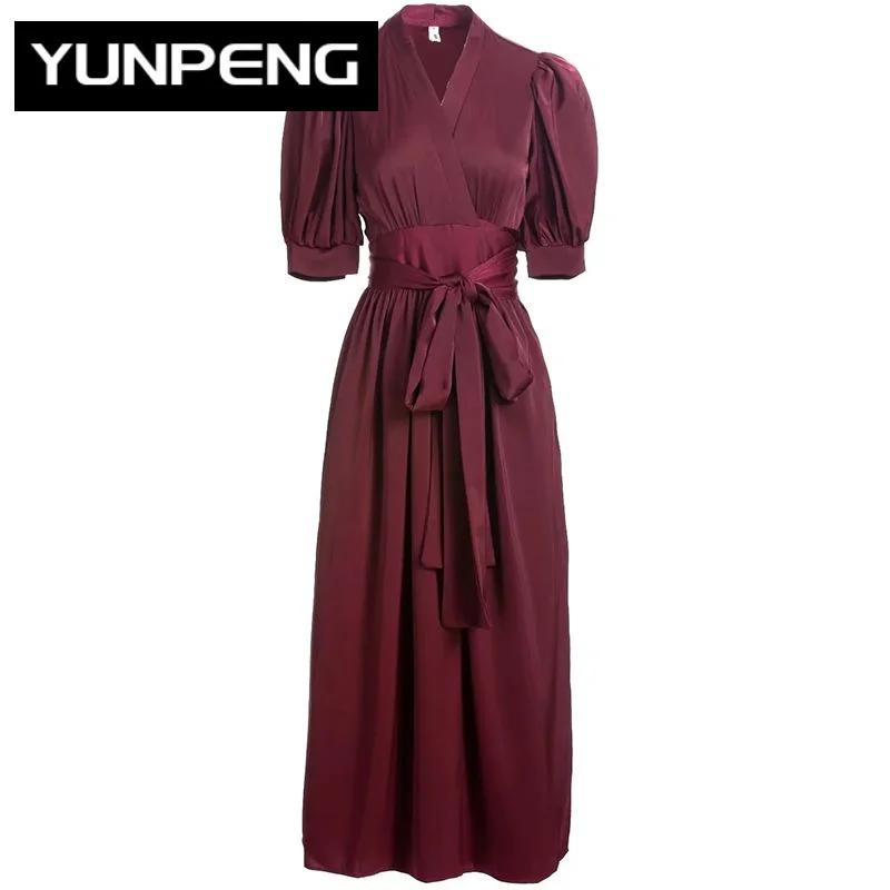 

Женское платье с бантом на поясе, бордовое однотонное платье миди с V-образным вырезом и пышными рукавами, лето 2023
