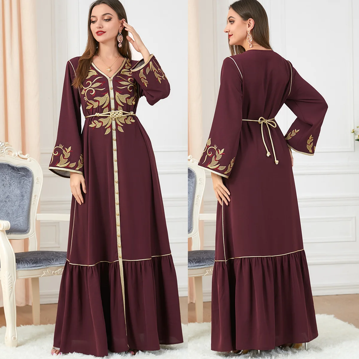 Solid Elegant Floral Gold Stamping Embroidery Chiffon Women Dress Jalabiyat Moroccan Caftan for Women Islamic Belted Clothing