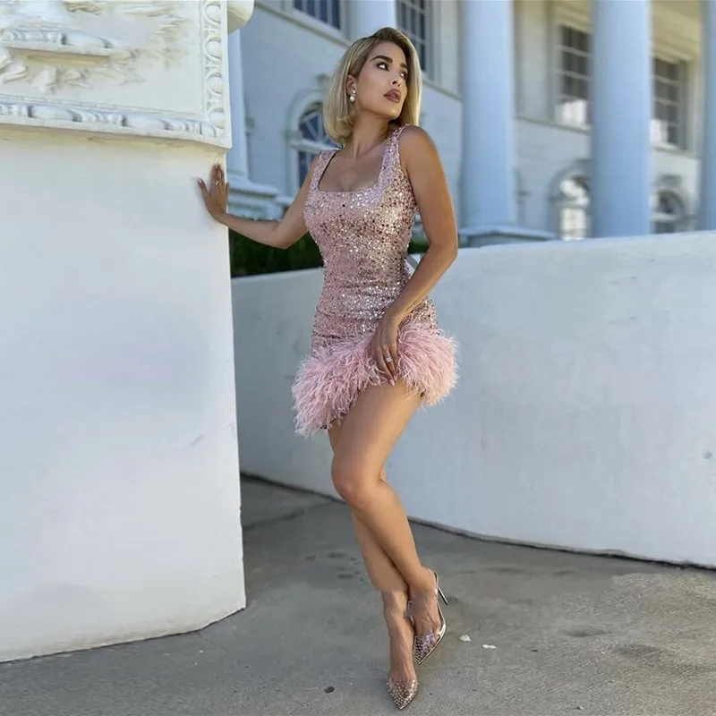 

Vestidos De Cocktail Dresses 2022 Sparkling Sequined Short/Mini Prom Gowns with Feathers Zipper Back Club Party Women Wear