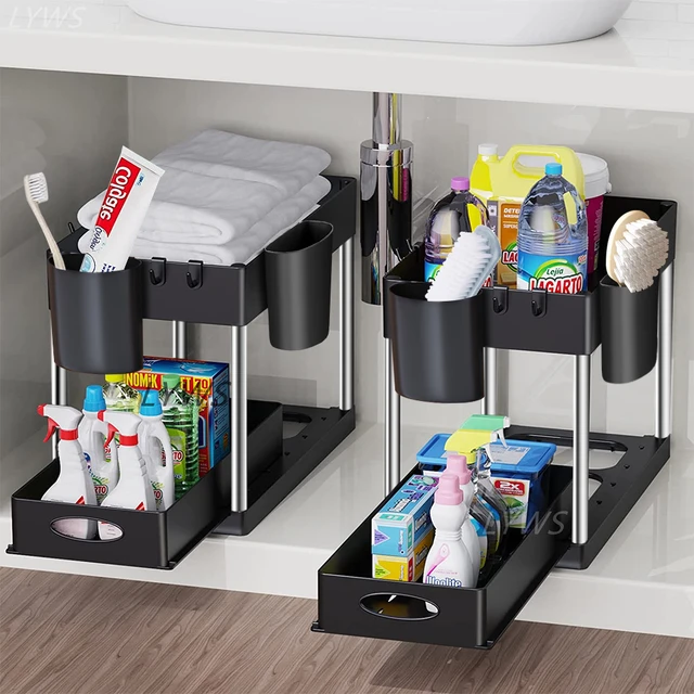  Under Sink Organizers and Storage, 2 Pack Kitchen Bathroom Sink  Organizer with 4 Hooks, 2 Tier Under Sink Cabinet Storage Shelf with  Sliding Drawers, Grey : Home & Kitchen