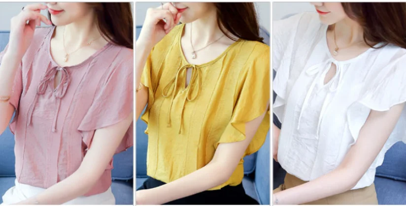 Female O-Neck Bow Lacing Hollow Out Solid Blouse Loose Oversize Flying Sleeve Patchwork Chiffon Shirt Women's Summer Clothing