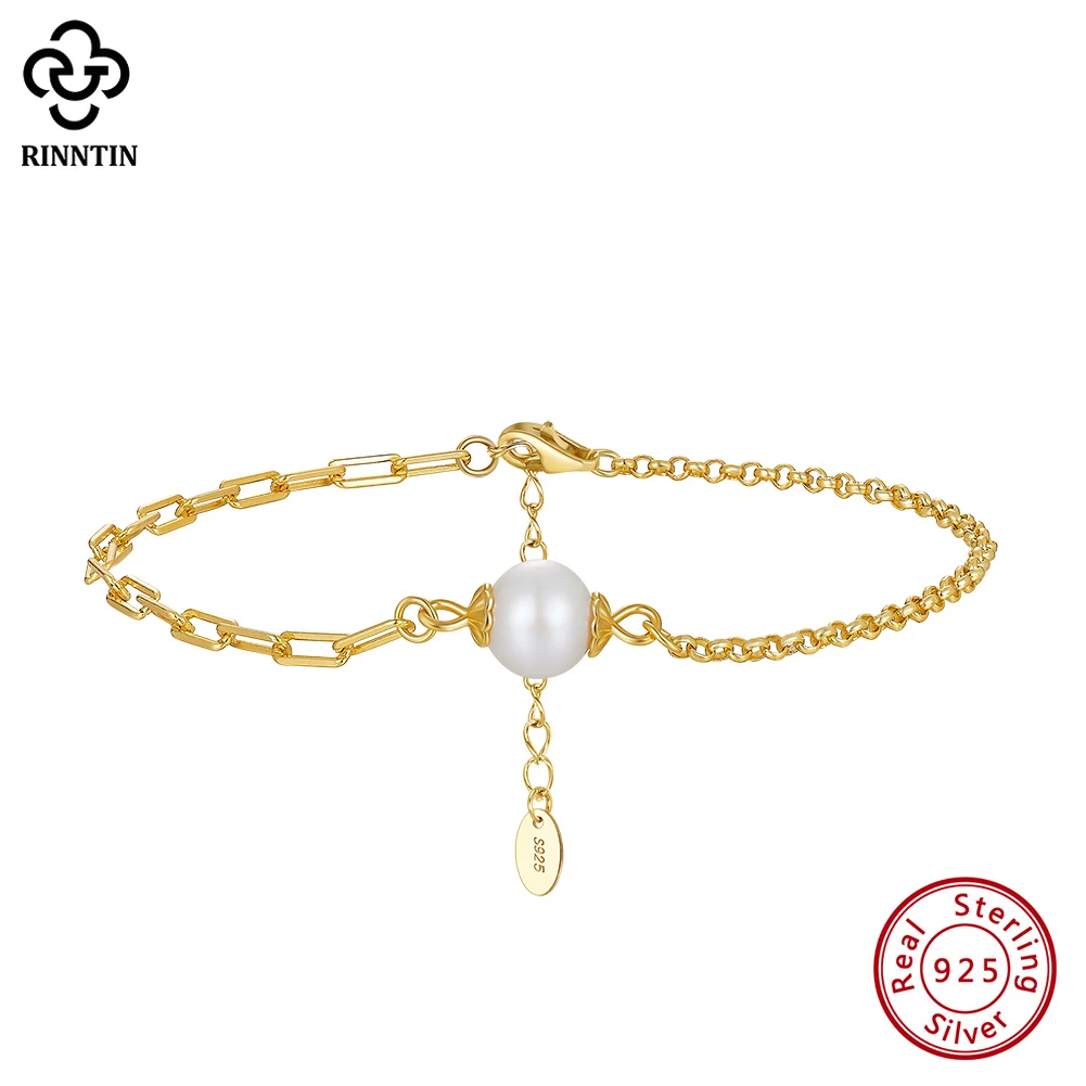 

Rinntin Genuine 925 Sterling Silver Cuban Link Chain Bracelet with Real Natural Pearl for Women Vintage Hand Chain Jewelry GPB33