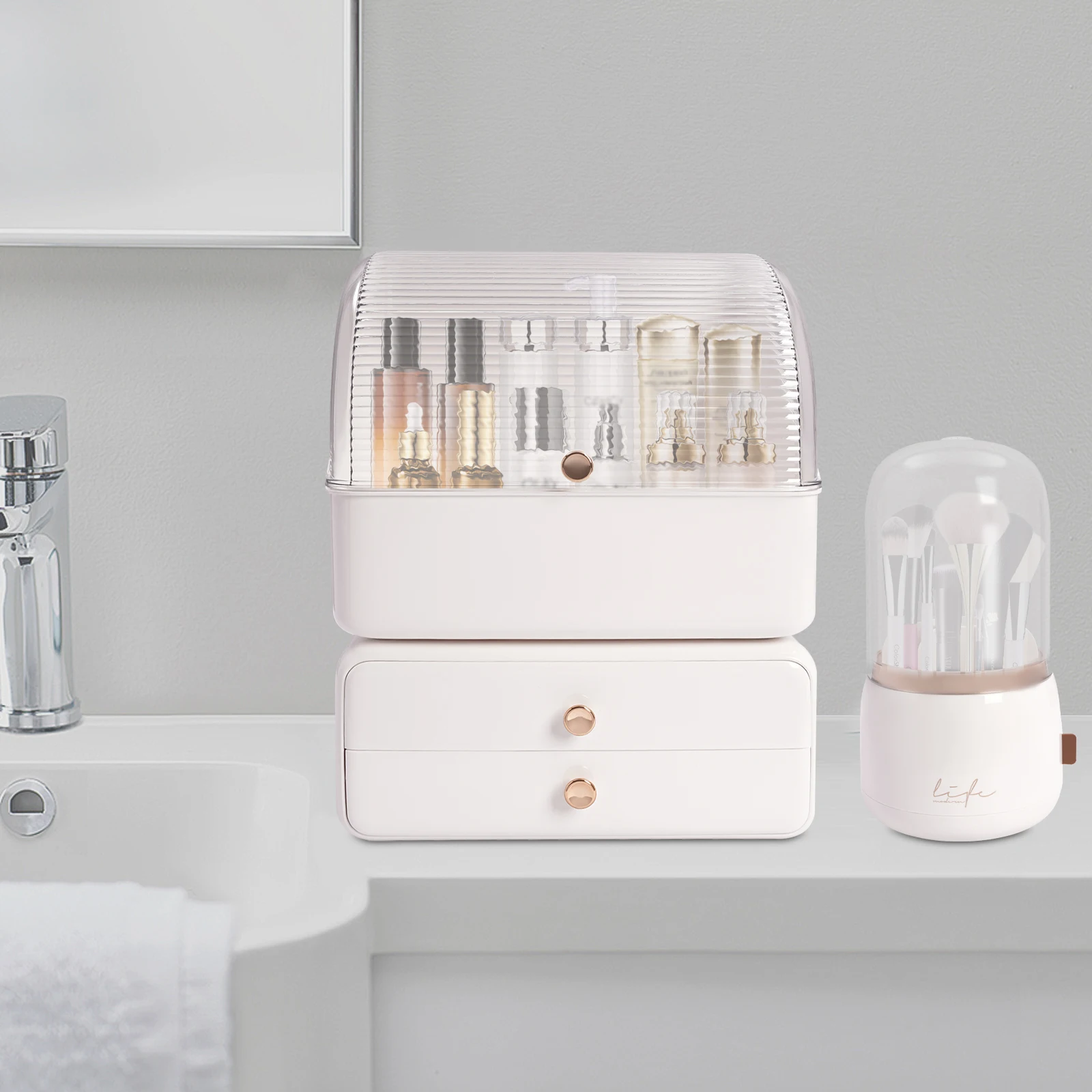 Large Makeup Organizer Make Up Cosmetics Plastic organizer box with Brush Holder Lid and Drawers 6