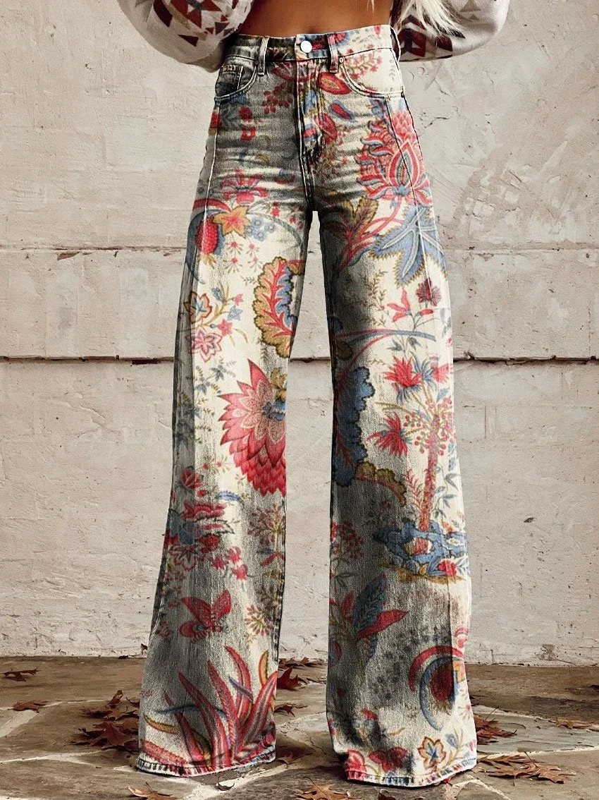 

Модные цветочные женские джинсы корейские элегантные широкие брюки с высокой талией свободные полные женские повседневные джинсовые брюки S-Xl из искусственного денима
