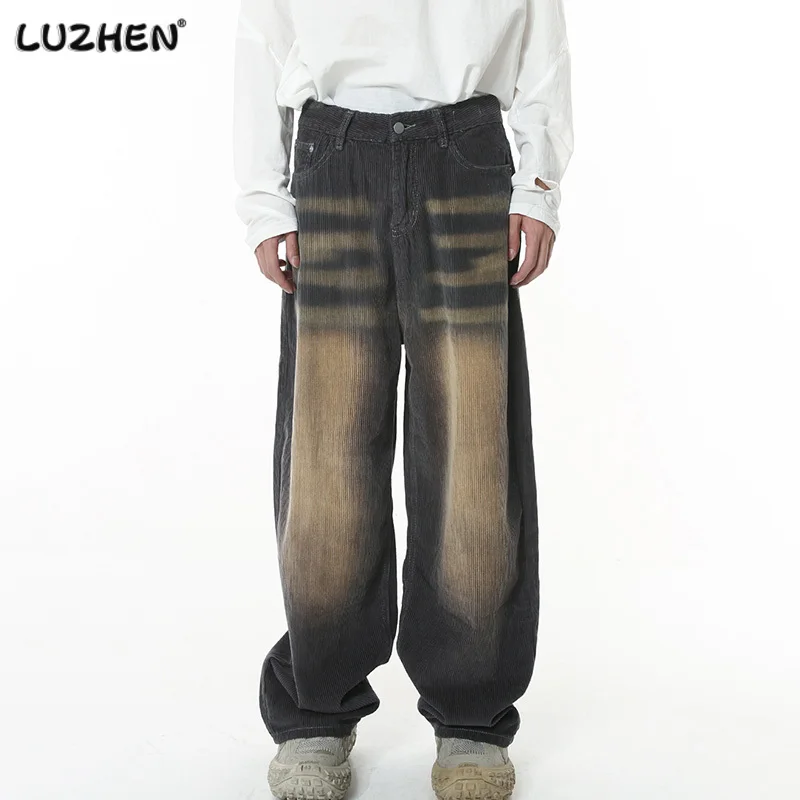 

LUZHEN Trend Men's Jeans Korean Style Fashion Distressed Baggy Denim Pants Loose Retro Wide Leg Streetwear Tide Gradient 96c702