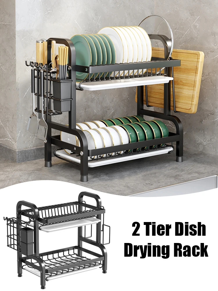 Dish Drying Rack 2-Tier Compact Kitchen Dish Rack Drainboard Set Large Rust-Proof Drainer with Utensil Holder