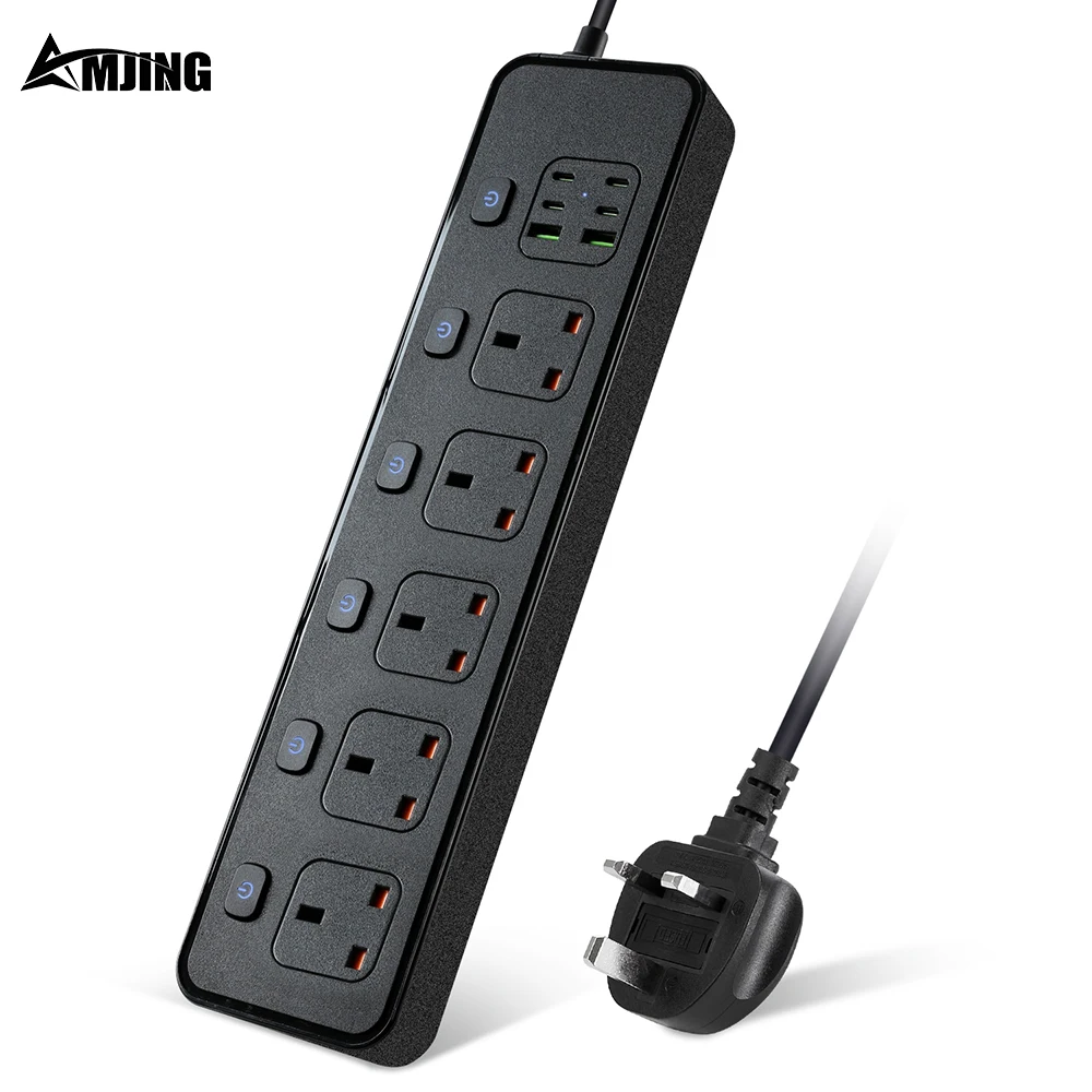 

5 charging ports UK plug power strip with USB Type-C 2m cable 3250W 13A 250V UK Standard socket