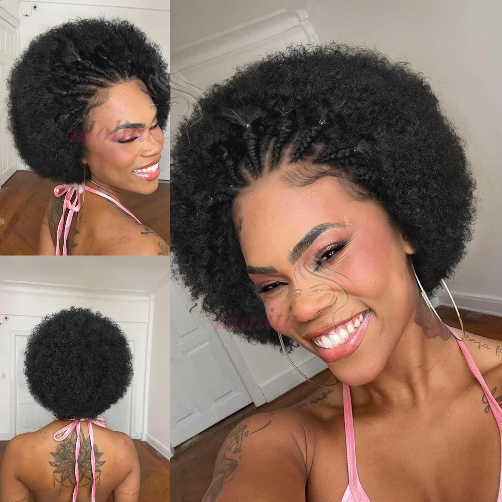13x4 Full Lace Afro Braided Wig for Women African Wig Cornrow Braids Lace with Baby Hair 8 Inch Short Kinky Curly Braid Wigs