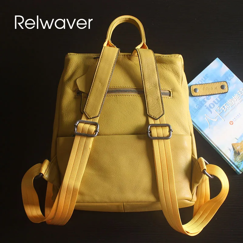 Relwaver backpack women genuine leather natural cow leather backpack yellow black casual school bag soft  bucket cover women bag