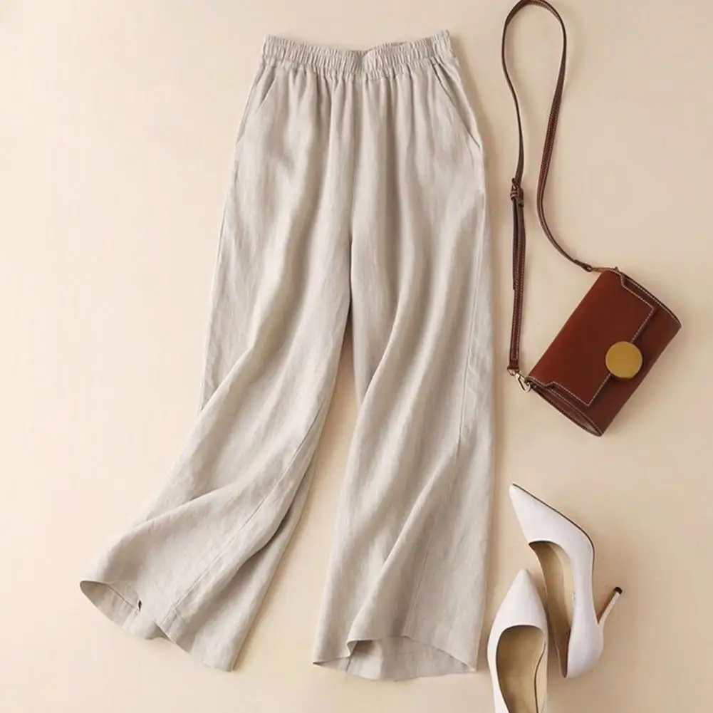 

Women Casual Pants High Waist Elastic Waistband Slacks With Pockets Solid Color Straight Wide Leg Long Trousers