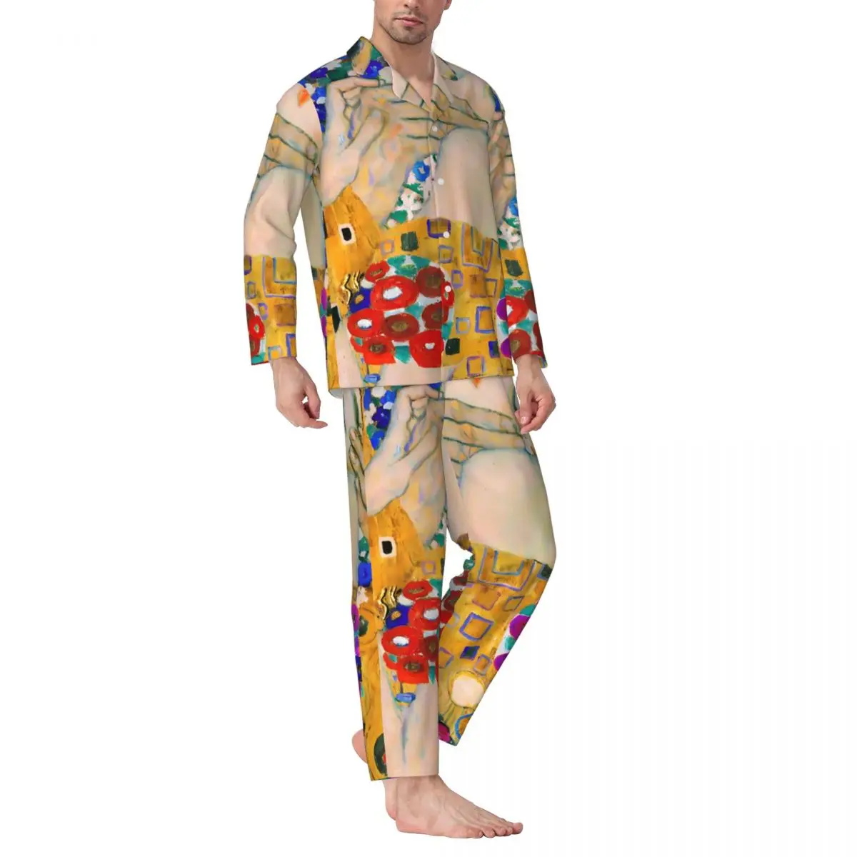 

Художественные пижамные комплекты Gustav Klimt, модная одежда для сна The Kiss, Мужская винтажная одежда для сна с длинным рукавом, из двух предметов, размеры 2XL