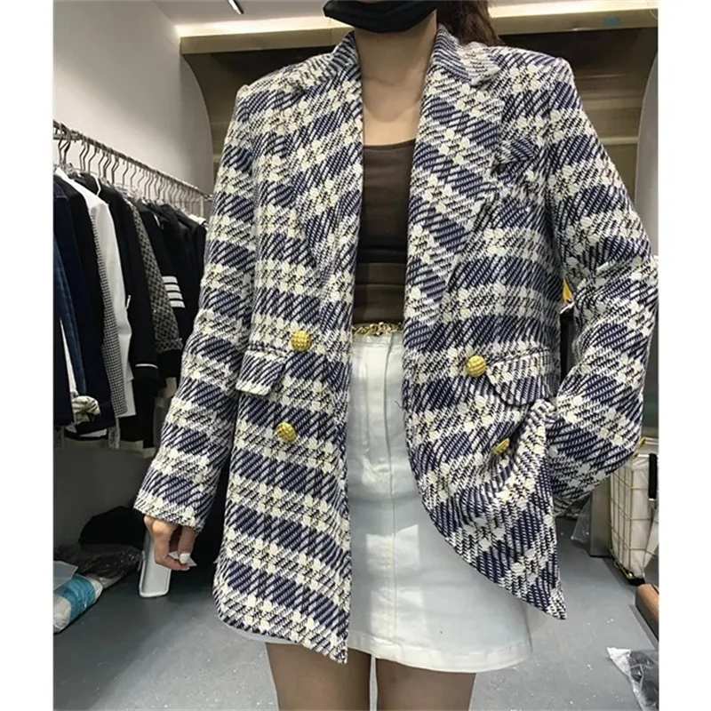Tweed Suit Jacket 2022 Autumn And Winter With Cotton Thickened Women's Korean Double-Breasted Temperament Wool Coat Tartan Coat