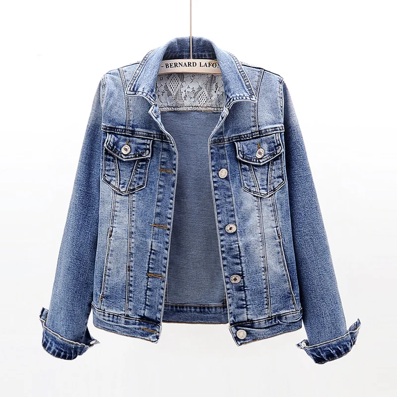 

Vintage Blue Lace Splicing Denim Jacket Women Elasticity Slim Short Cowboy Outerwear Pocket Long Sleeve Jeans Jacket Coat Female