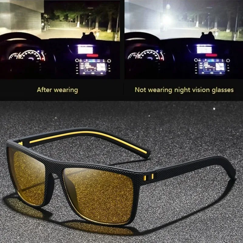 Occhiali da sole vintage quadrati gialli per visione notturna, lenti anti-affaticamento e anti-riflesso, per uomo e donna
