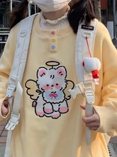  Harajuku Angel Bear Embroidery Sweatshirt Students Buttons O-neck Long Sleeve Pullover Loose Kawaii Clothes Korean Fashion Tops 