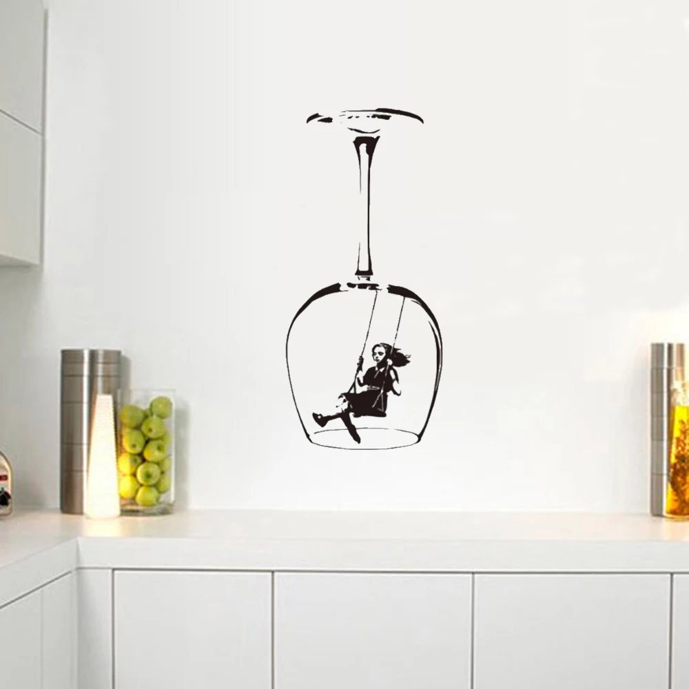 Banksy Swinging Girl Wine Glass Wall Sticker Kitchen Dining Room Graffitti Street Culture Banksy Wall Decal Cooking Decor Vinyl