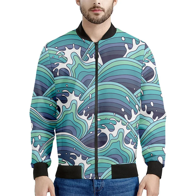 thumbnail image 1 of Chaqueta con cremallera con estampado de olas del océano vintage para hombre, chaqueta holgada informal de manga larga con estampado 3D de autobús de la paz y plumas, abrigo de calle, 1 of 5