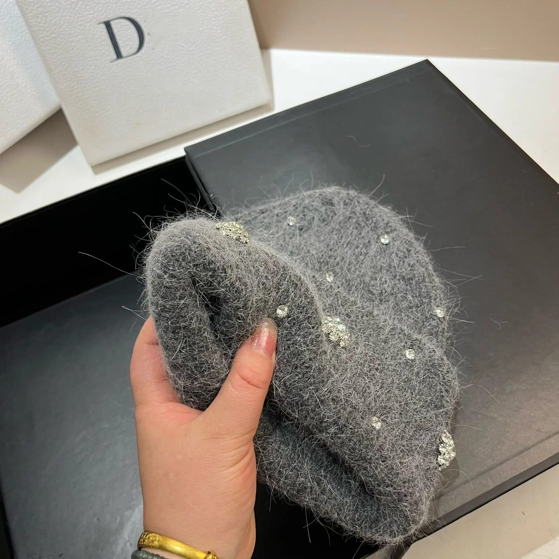 Luxus Strass Echt Kaninchen Fell Gestrickte Hüte für Frauen Winter Warme Wolle Skullies Beanies Dame Casual Beanie Motorhaube Skifahren Kappe – Detail 8
