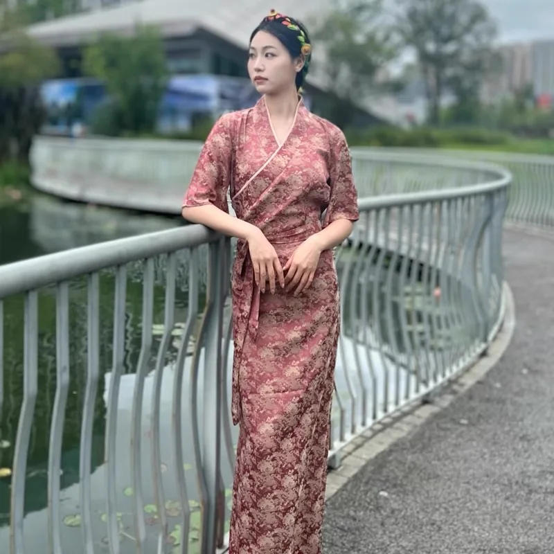 Tibet Dress Chinese Women'S Tibetan Style Trumpet Short Sleeved Tibetan Clothing Summer Dress For Women AA6679