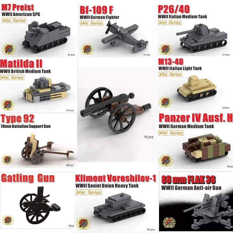 Wwii Military Moc Vehicle Tank Series Model Soldier Arma Pirates Cannon Field Gun Building Blocks Parts Figure Bricks Boy Toys