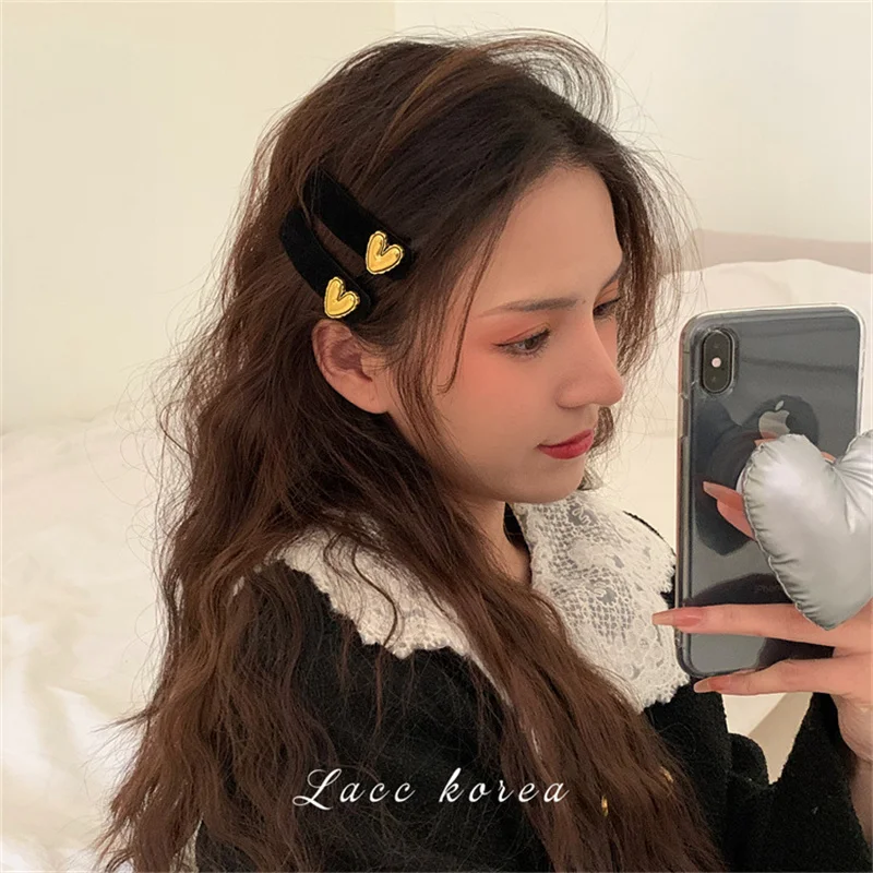 New French Retro Black Velvet Heart Pearl Girl BB Clip For Women Elegant Head Bangs Barrettes Fashion Hairpin  Accessories elegant french retro zircon heart luxury bow bb clip girls hair clip korean style hairpin sweet barrettes velvet duckbill clip