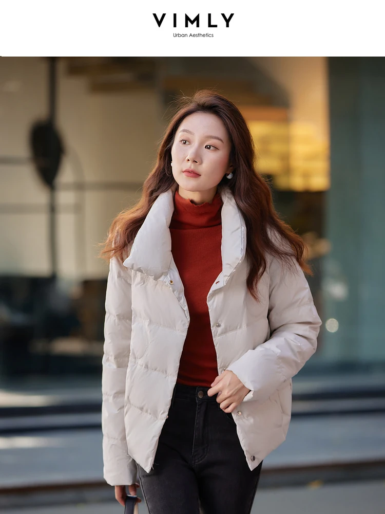 Vimly Women's Lightweight Down Jacket Black Cropped Jackets 2023 Winter New Warm Long Sleeve Coat for Woman Female Clothes 50580