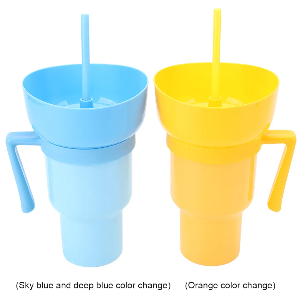 1000ml Snack Cups Straw Leak-Proof Snack and Drink Cup Popcorn Beverage Cup 2 In 1 Color Changing Cinema Home Travel snack bowl drink cup
