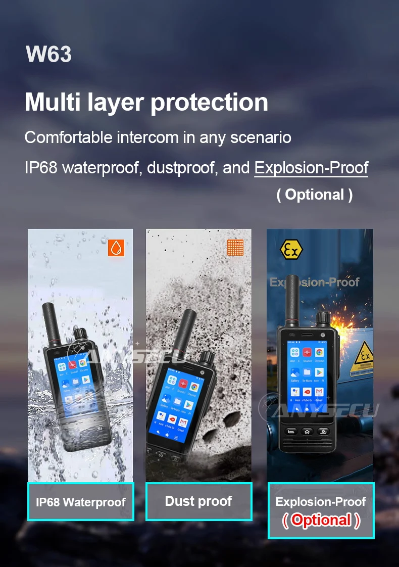 W63 IP68 Waterproof 4G Network Radio Android 9.0 NFC GPS POC Walkie Talkie Work
