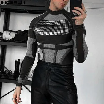 패션 남자 티셔츠 인쇄 터틀넥 긴 소매 Streetwear 레저 Camisetas 2023 스키니 캐주얼 남성 의류 S-5XL INCERUN 7