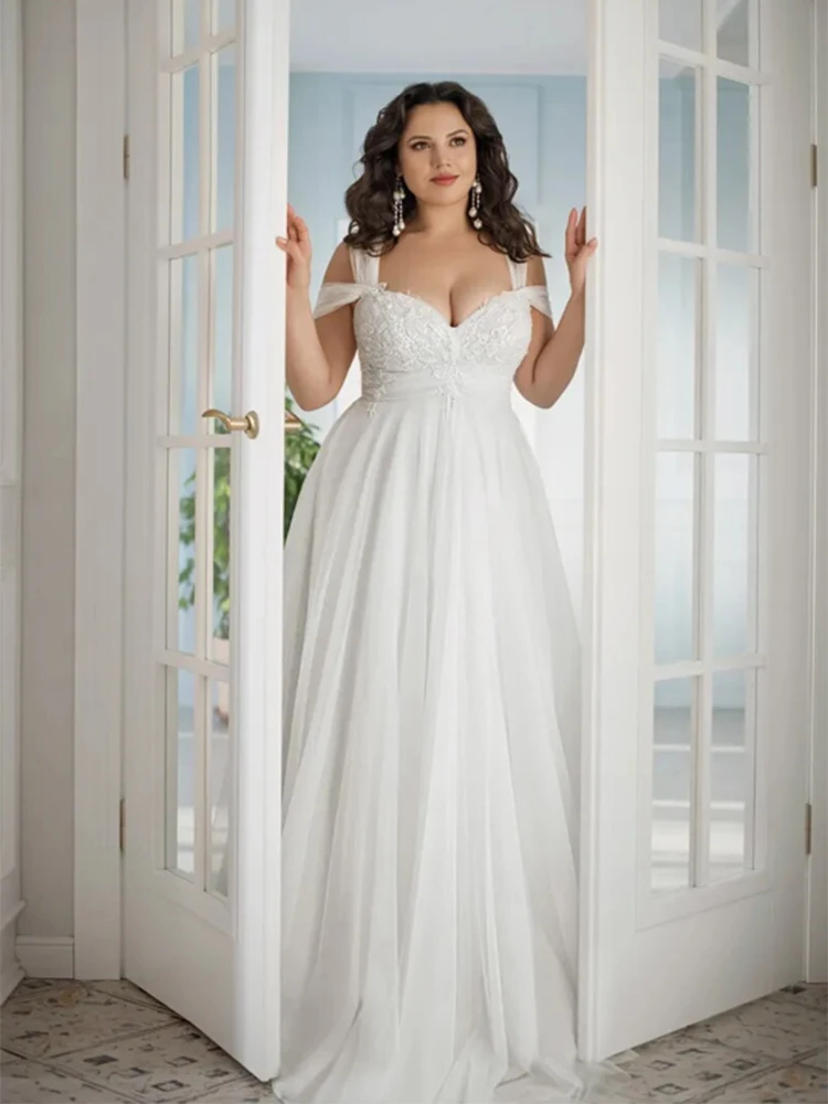 

Plus Size Wedding Dresses V Neck Off The Shoulder Tulle Appliqued Boho Bridal Gown Custom Made Vestido De Noiva