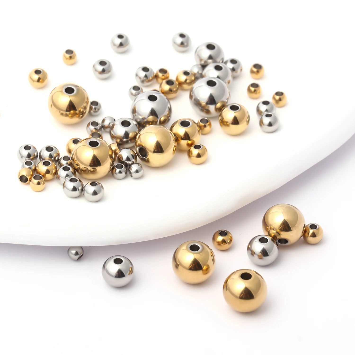 

30-50pcs Stainless Steel Gold Silver Colour Beads Metal Ball Big Hole Loose Spacer Beads Diy Accessories For Jewelry Making