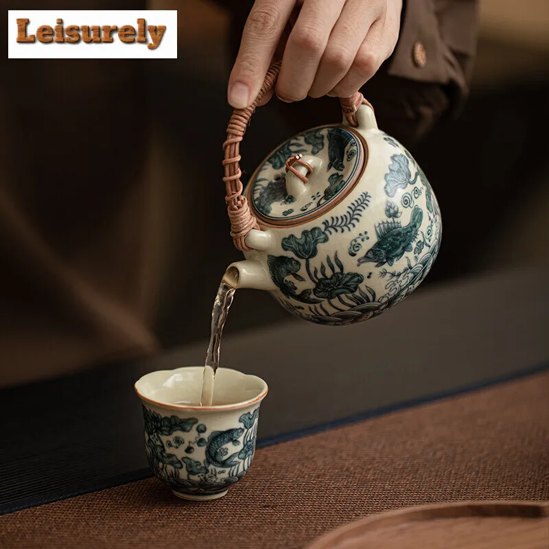 200ml Imitation Song Ru Kiln Teapot Boutique Fish Algae Pattern Vine Weaving Beam Pot Tea Making Kettle Puer Cha Supplies Gift