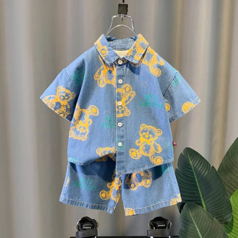 

Summer Baby Girl Boy Clothes Children Kid Cartoon Bear Jeans Lapel Shirts Shorts Suit Short Sleeve Top and Bottom 2 Pieces Set