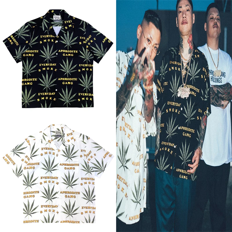 Leaf Print Wacko Maria Short Shirt Men Women Best Quality Hawaii Beach Shirt Japan