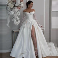 Luxury Glitter Wedding Dresses A Line Woman's Sexy Sequined Off Shoulder Bride Gowns Long Sleeve Split Vestidos Noche Customized 1