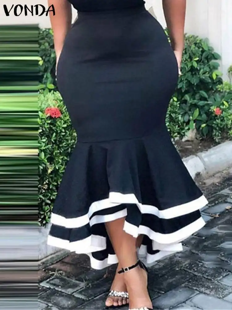 

VONDA Elegant Fishtail Skirt 2023 Summer High Waist Ruffled Midi Skirts Women Zipper Casual Pleated Color Patchwork Party Bottom