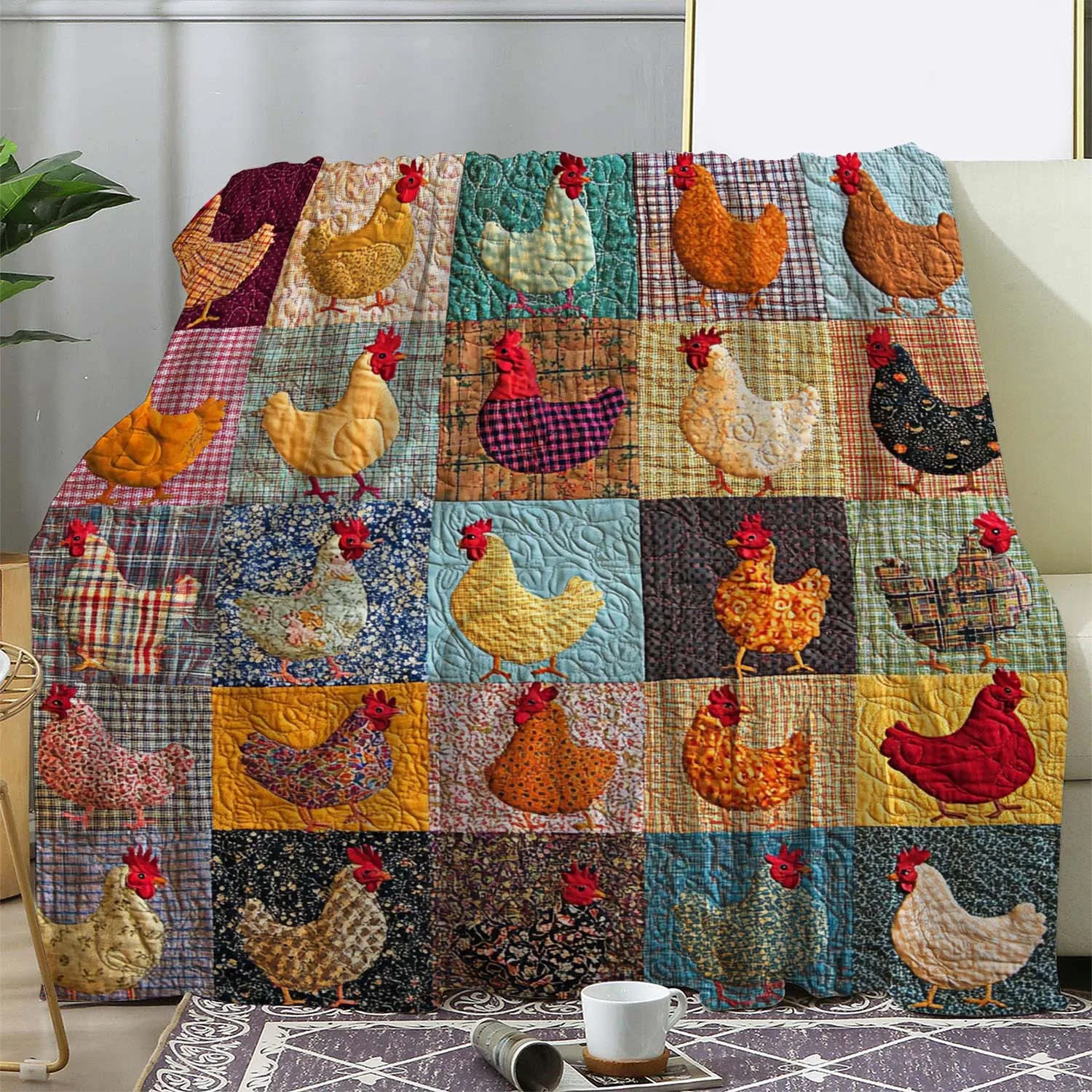 retro-chicken-velvet-blanket-colorful-flanged-cozy-throw